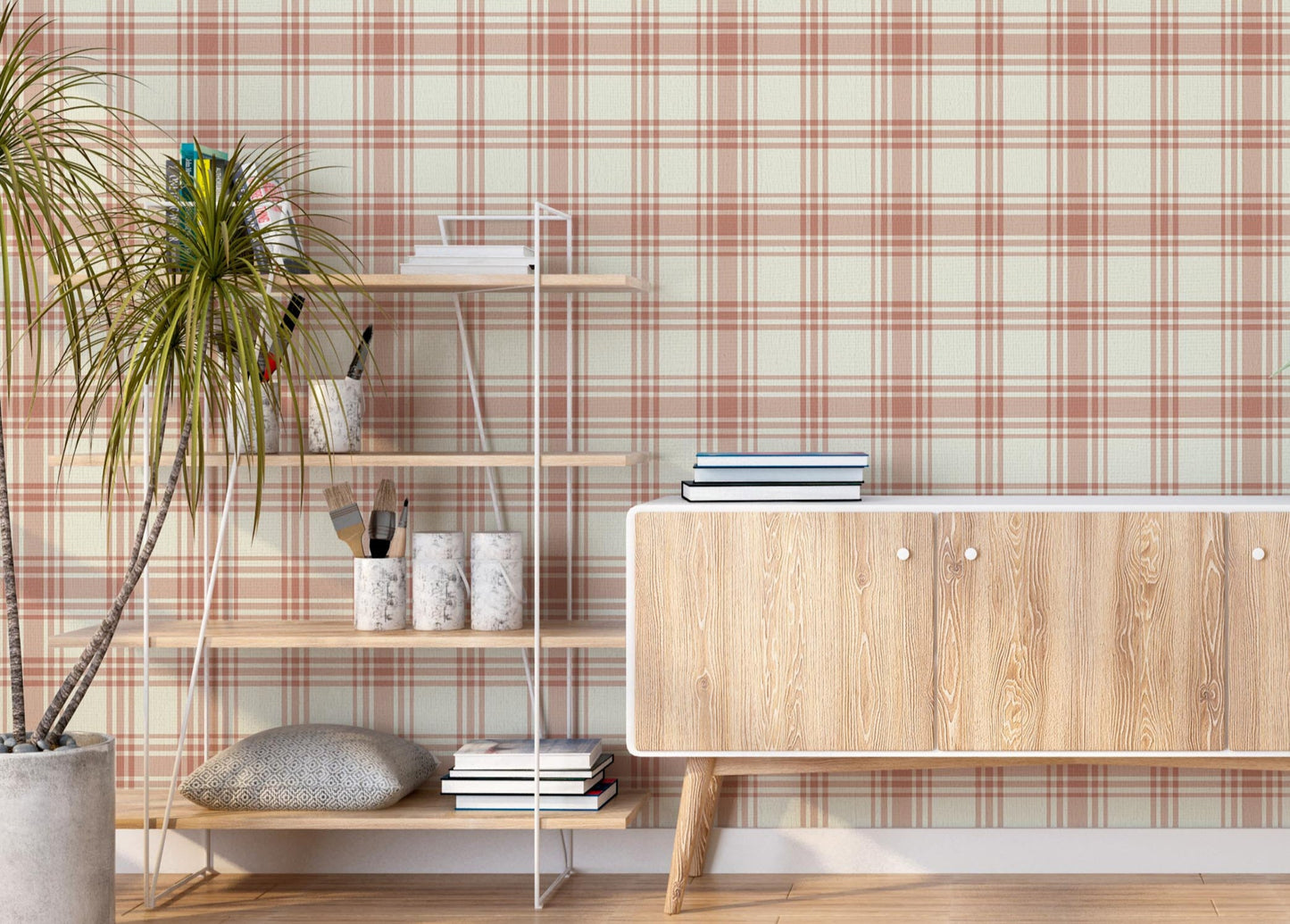 Peach plaid wallpaper featuring a soft checkered pattern in warm peach and beige tones, styled in a modern Scandinavian-inspired room with wooden furniture, indoor plants, and minimal decor, creating a cozy and elegant interior backdrop.