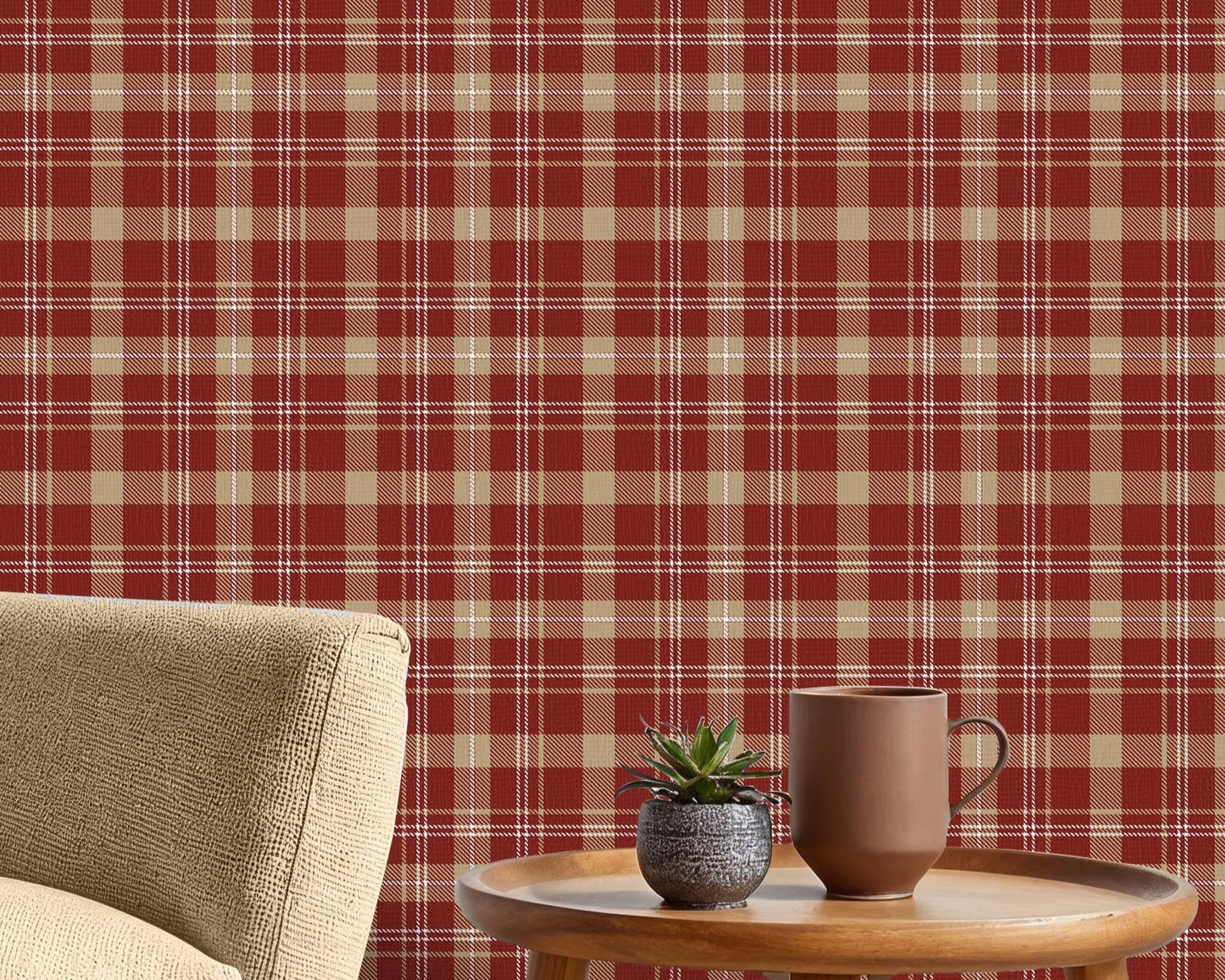 A close-up view displays wallpaper with a warm red background.
The design features a classic, tight plaid and tartan pattern.
It includes a mix of thick beige stripes that form large blocks.
Fine white lines crisscross over the grid, adding detailed accents.
The colors combine deep red, soft tan beige, and crisp white lines.
The overall pattern has a textured fabric appearance in a traditional style.