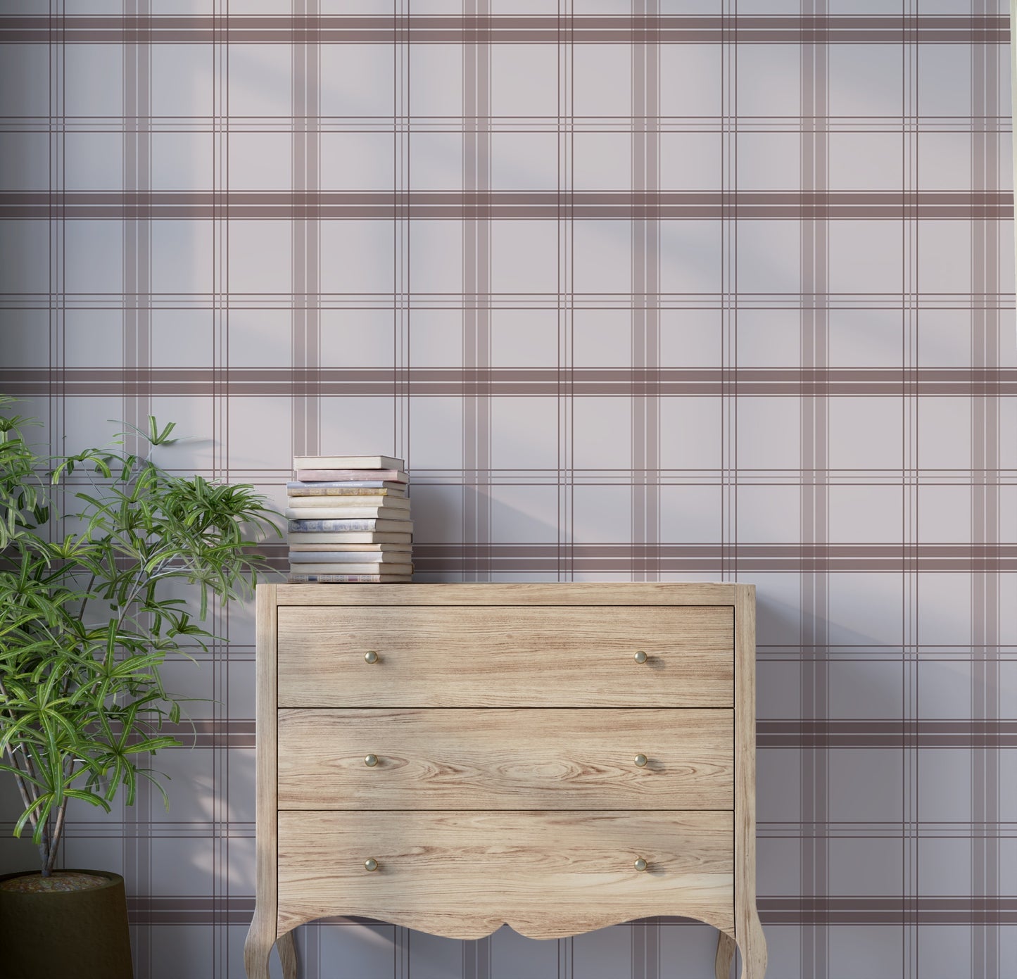 A gentle interior space features a classic plaid wallpaper in faded rose and grey tones.
The textured design displays a detailed grid pattern with intersecting mauve, brown, and light grey lines.
In front, a rustic wooden chest of drawers stands against the wall holding a stack of books.
The charming interior setting is completed by a leafy green potted plant placed on the left side.