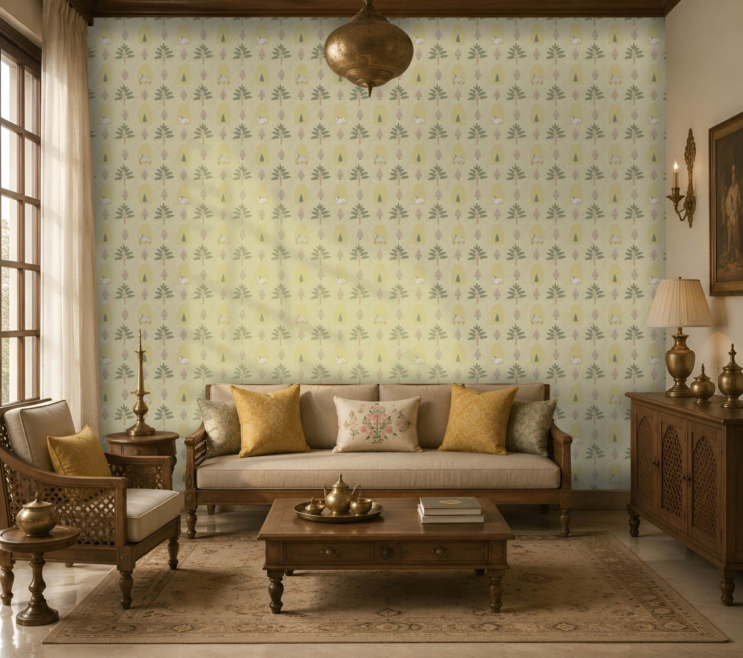 A cozy living room featuring a vintage-inspired wallpaper with a repeating botanical pattern in soft sage green, mustard yellow, dusty pink, and cream on a warm ivory background. The space is furnished with carved wooden seating upholstered in beige fabric, mustard accent cushions, a floral embroidered throw pillow, a wooden coffee table with brass décor, and matching side cabinets. Brass lighting, traditional accessories, and a neutral patterned rug complement the warm, heritage-style interi