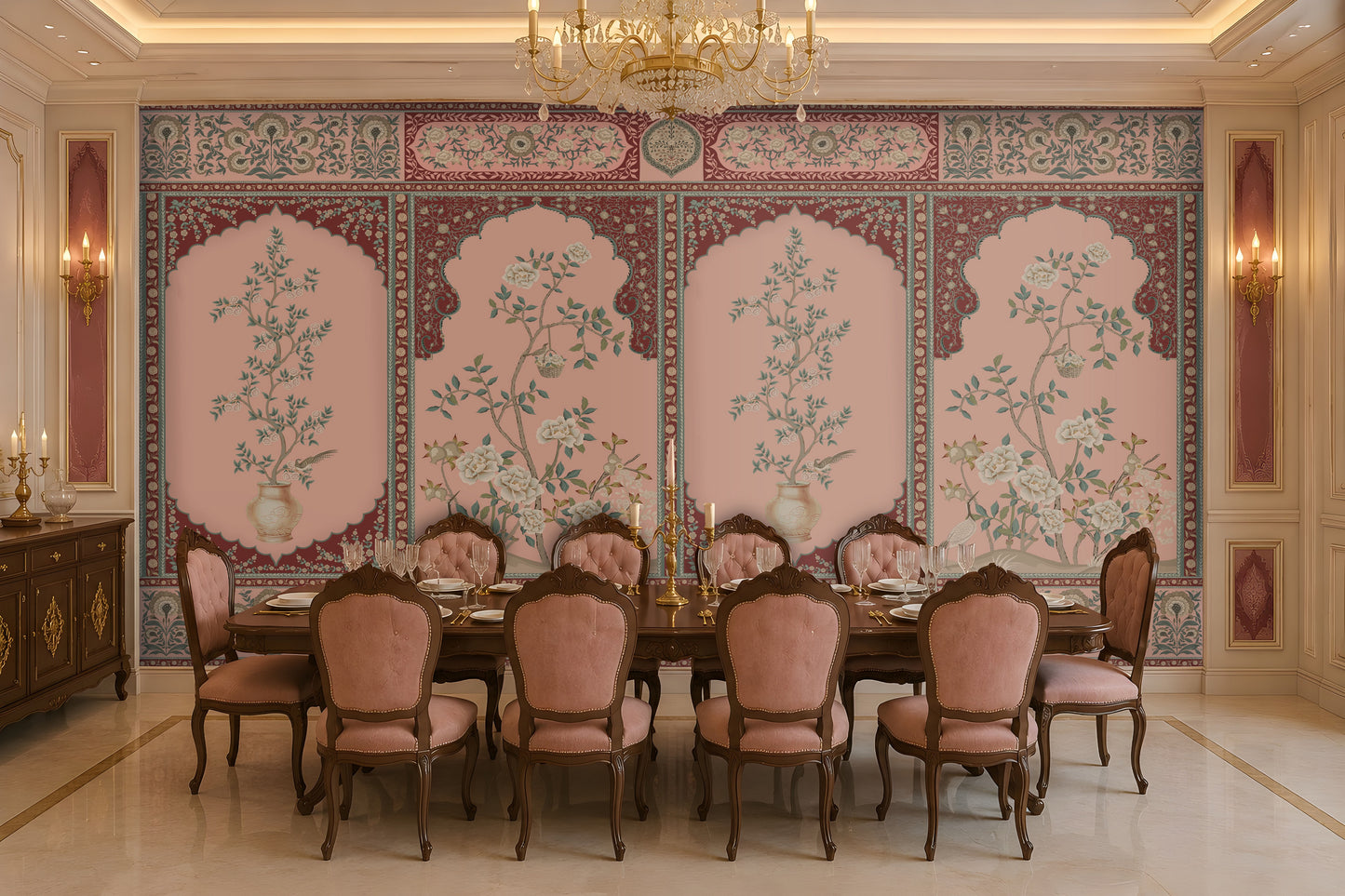 Persian Floral Panels wallpaper in Ivory Red & Pink featuring elegant arched botanical panels, delicate floral artwork, and intricate Persian-inspired borders in soft ivory, blush pink, and deep burgundy tones, showcased in a luxurious classic dining room with ornate wooden furniture and traditional décor.