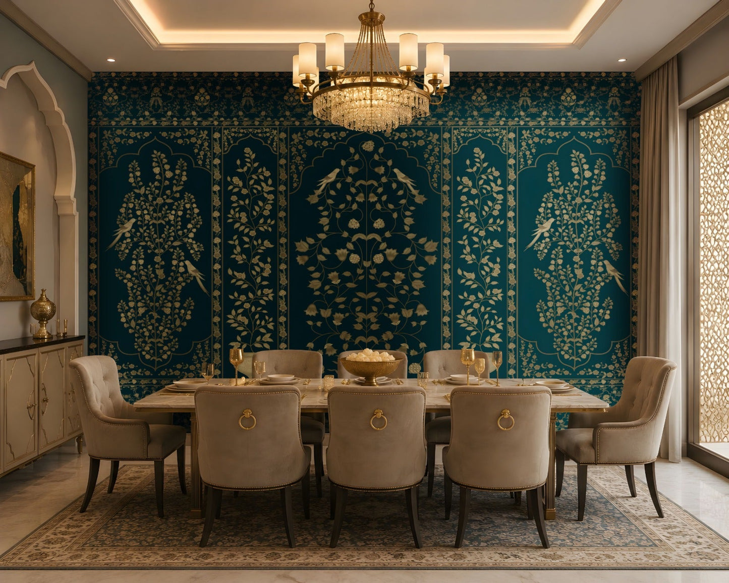 Luxurious dining room featuring a royal teal and gold Gulmohar floral wallpaper with Mughal-inspired botanical panels, delicate bird motifs, and ornate detailing. The elegant heritage design complements a marble dining table, upholstered chairs, crystal chandelier, and sophisticated Indian-inspired interiors.