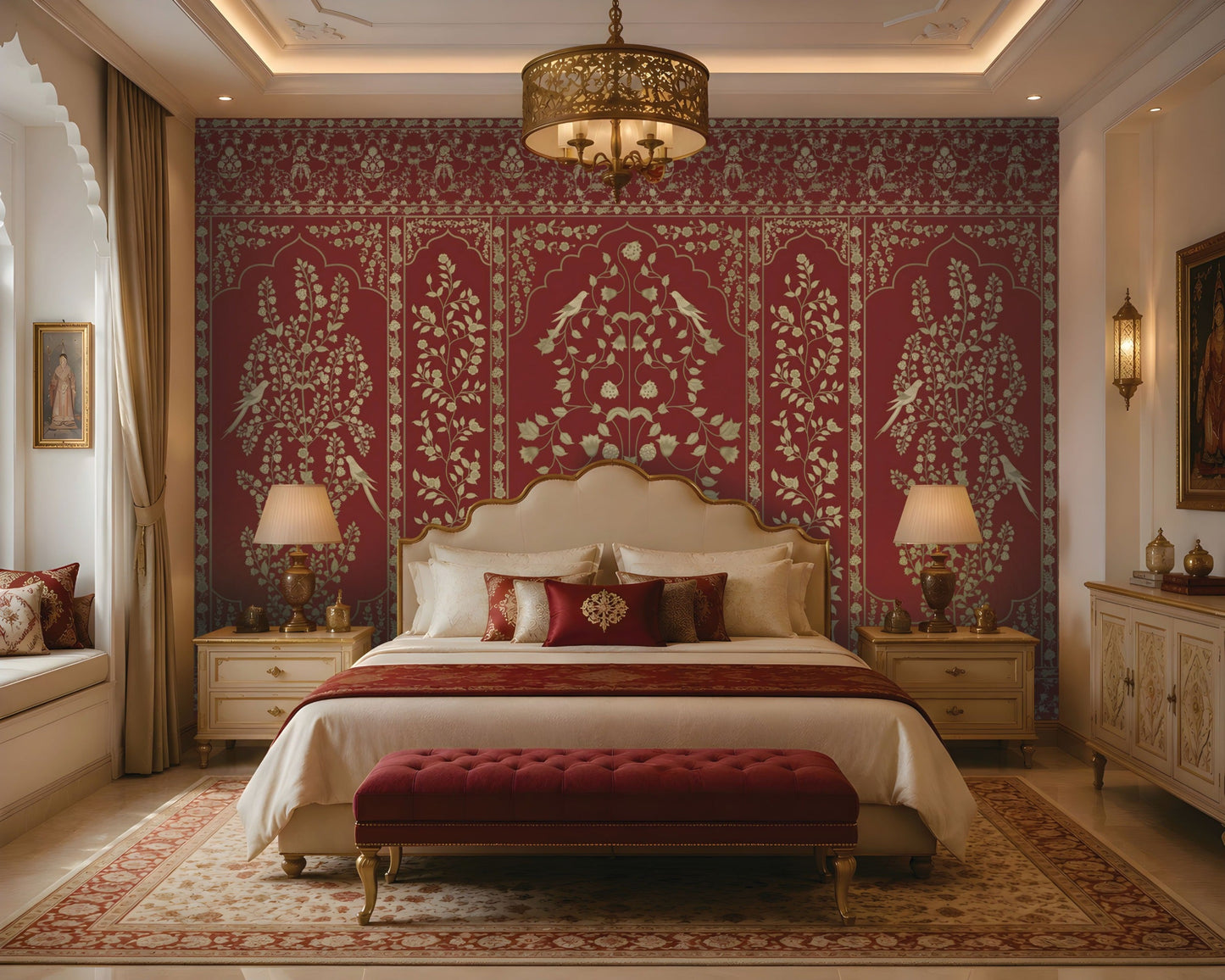 Luxurious bedroom featuring a regal crimson and gold Gulmohar floral wallpaper with Mughal-inspired botanical panels, elegant bird motifs, and intricate heritage detailing. The rich wallpaper complements a classic upholstered bed, warm ambient lighting, ornate furnishings, and timeless Indian-inspired interior décor.