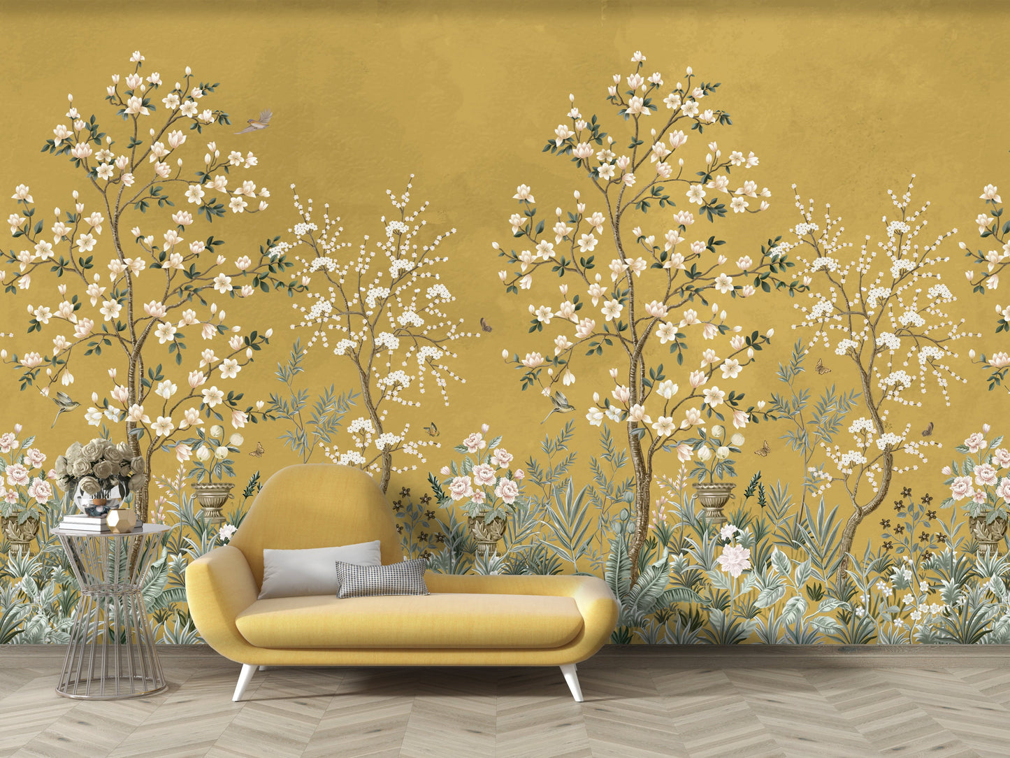930_DA Floral Symphony Flaxen Yellow Botanical Mural Wallpaper