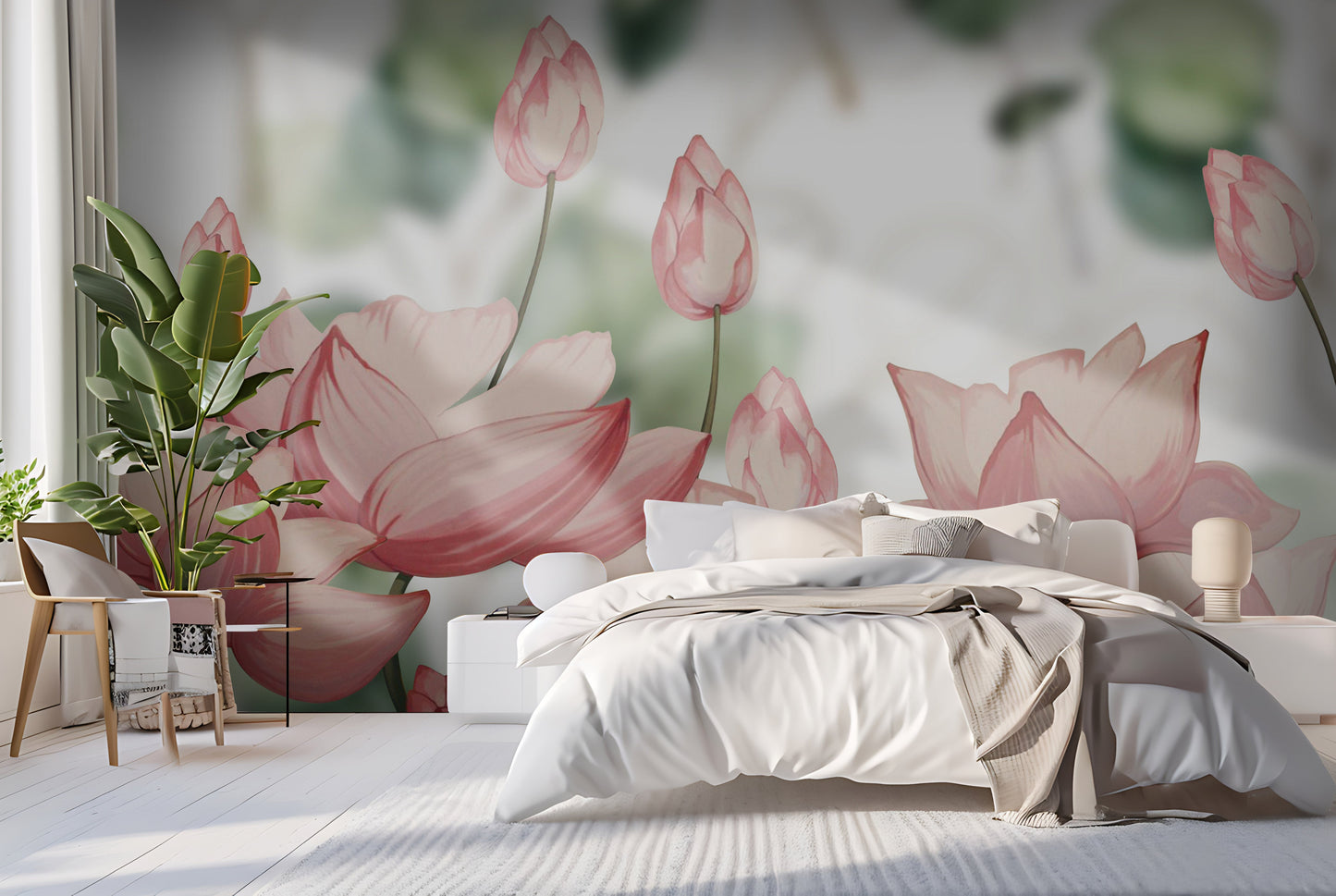 Dove grey lotus symphony mural wallpaper elegant floral wall design in modern living room.