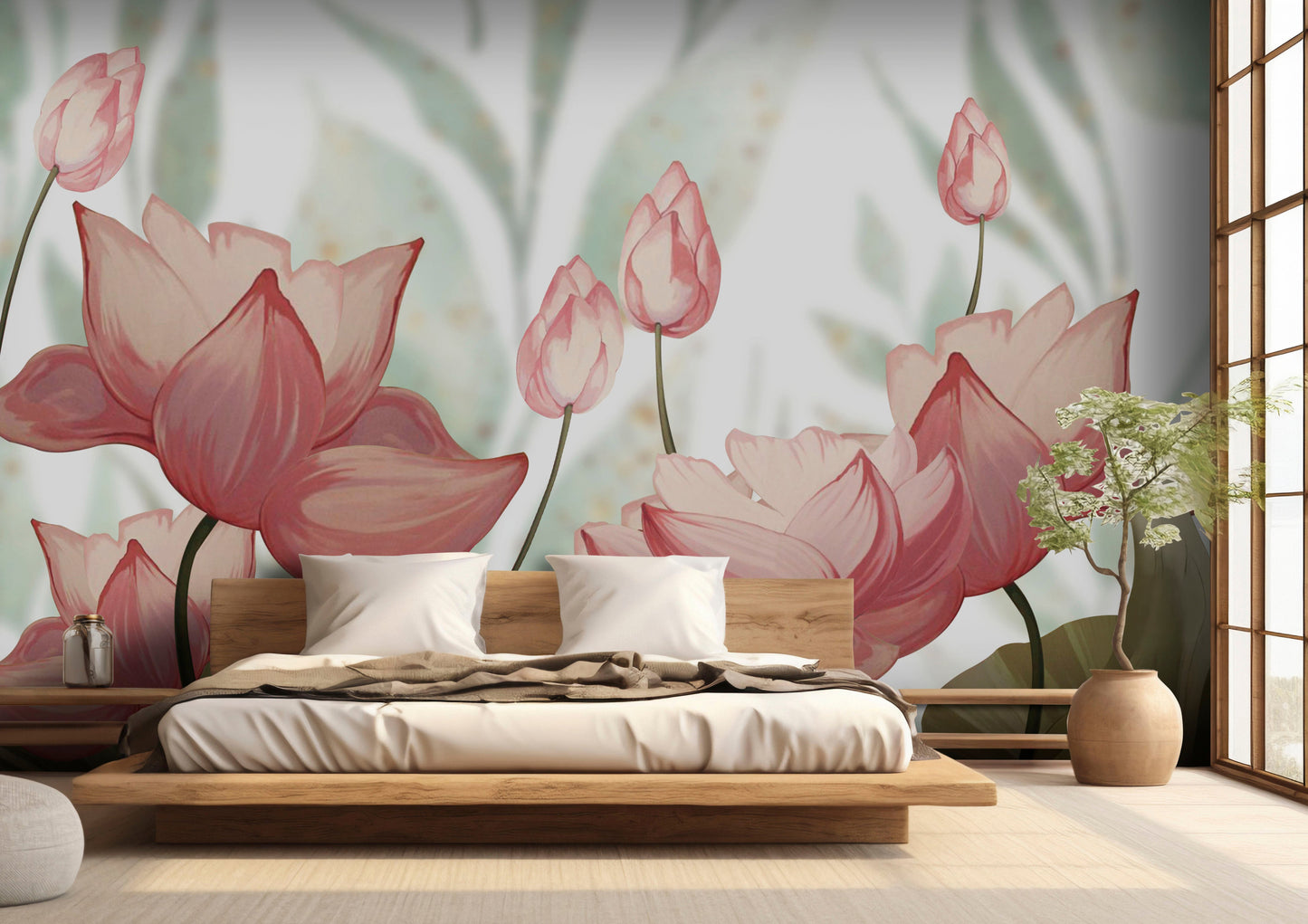 Cloudy grey lotus symphony mural wallpaper elegant floral wall design in modern living room.