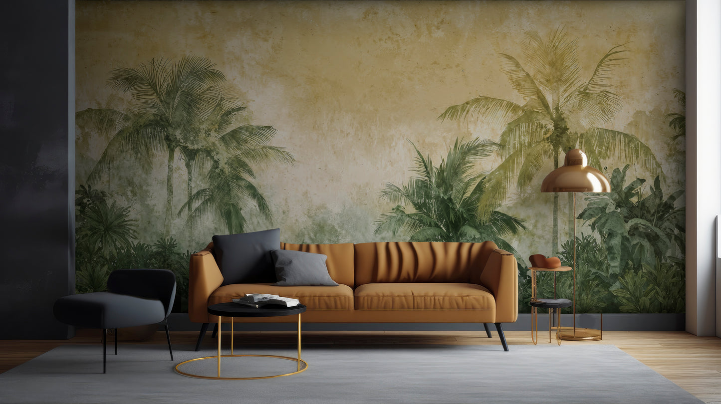 An architectural perspective of a high-end lounge area featuring the Tropical Palm Mural as a full-scale feature wall behind a deep mustard-toned sofa. The mural’s warm, earthy palette creates a sophisticated, sun-drenched atmosphere that pairs elegantly with gold-finished lighting and contemporary neutral upholstery.