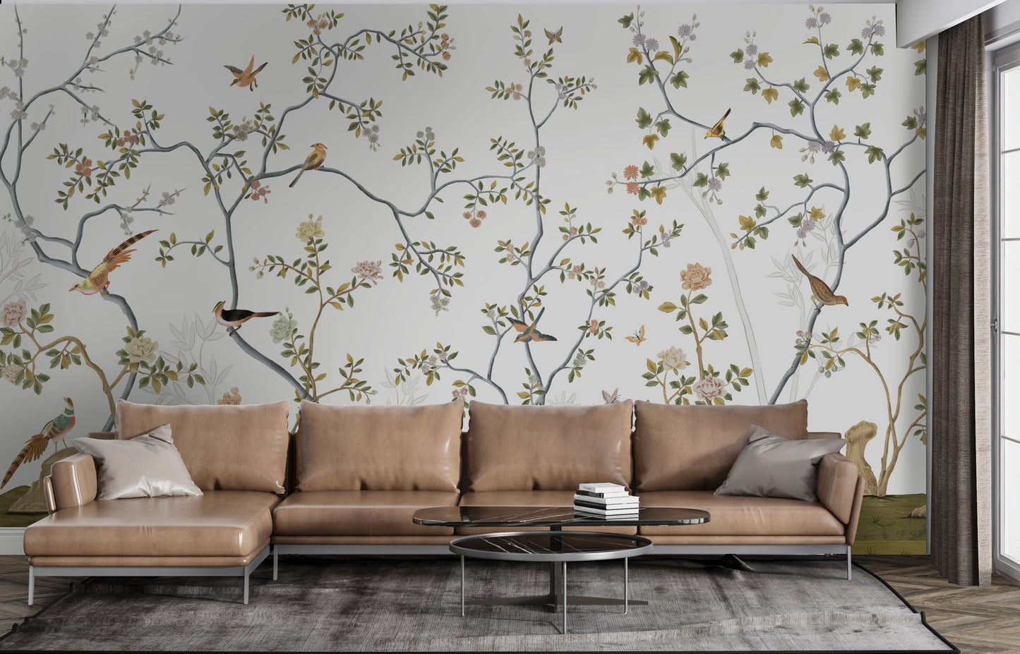 Pale smoke white Vaatika mural wallpaper botanical wall design in modern living room.