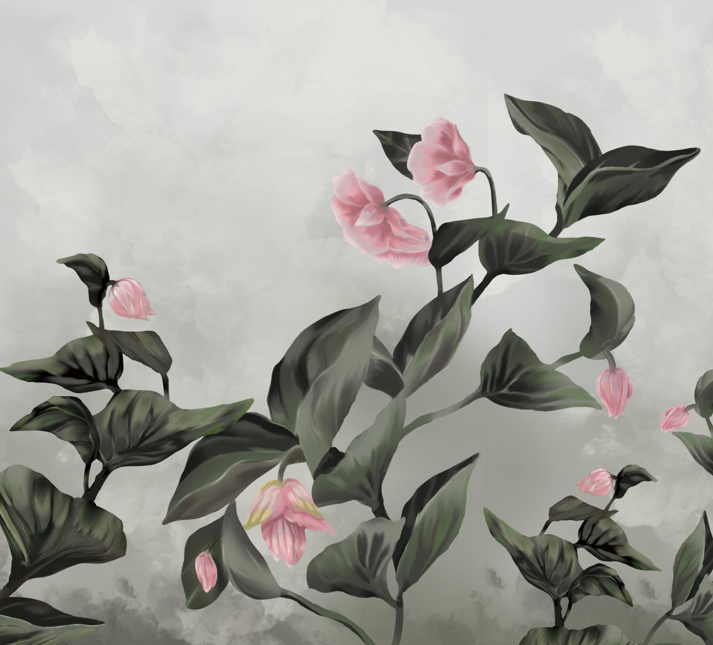 Dove white Kalika floral mural wallpaper elegant botanical wall design in modern living room.