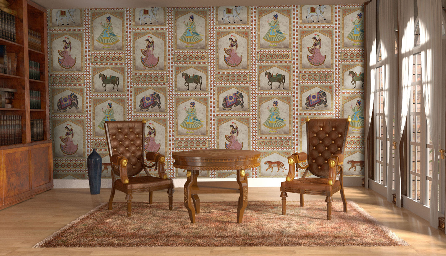 Rustic-Ochre, indian vintage rajput motif wallpaper printed on linen fabric