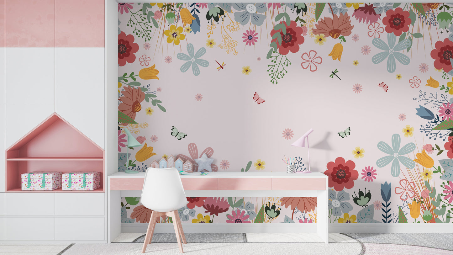 Serene pink blossom mural wallpaper elegant floral wall design in modern living room.
