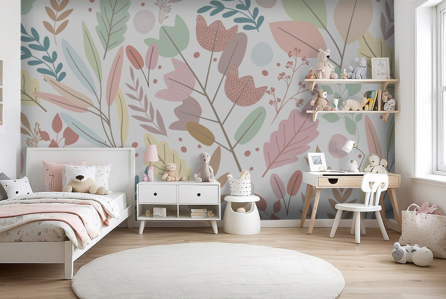 Fern pastel green colour floral pastel mural wallpaper displayed as a feature wall in a living room, dining room, and bedroom, highlighting soft green tones and elegant floral mural wallpaper design.