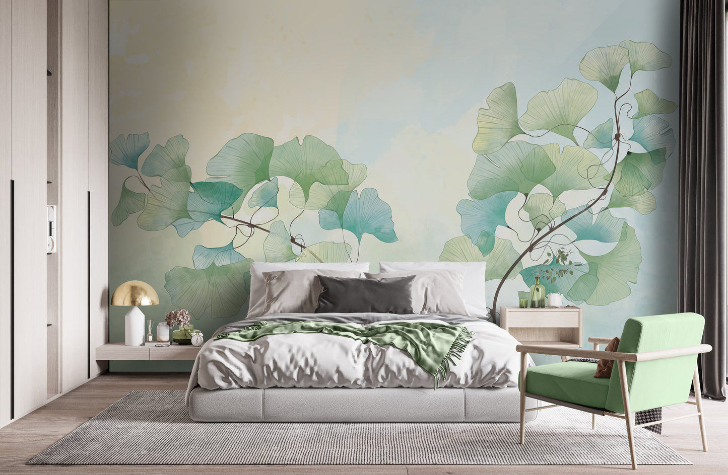 Calm turquoise floral mural wallpaper artistic botanical pattern in contemporary bedroom.