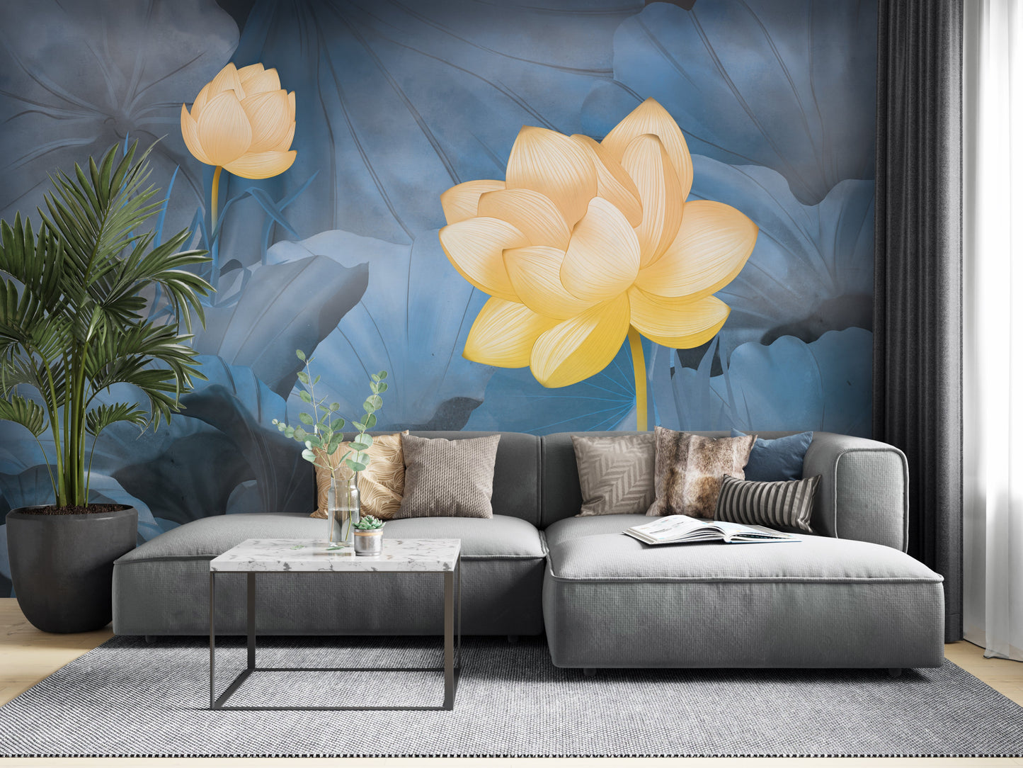 Steel blue tranquility mural wallpaper botanical wall design in modern living room.