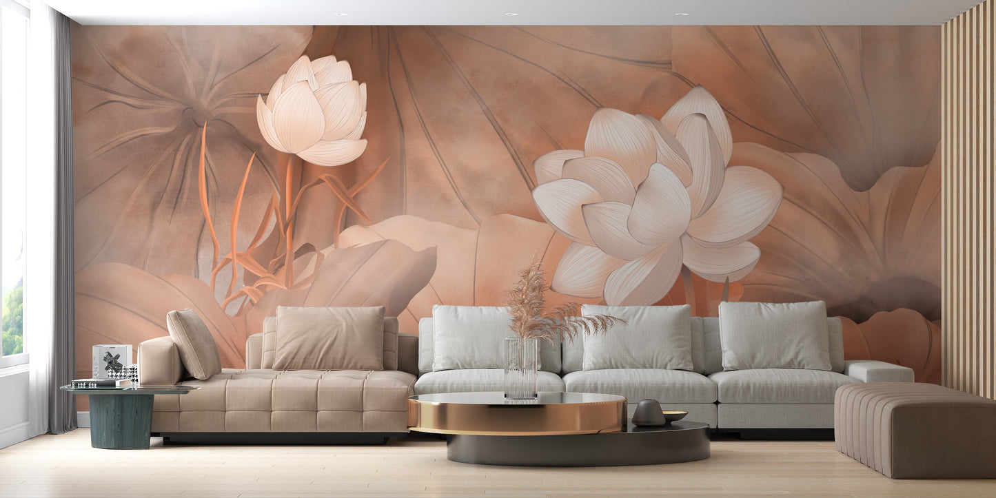 Creamy peach tranquility mural wallpaper botanical wall design in modern living room.