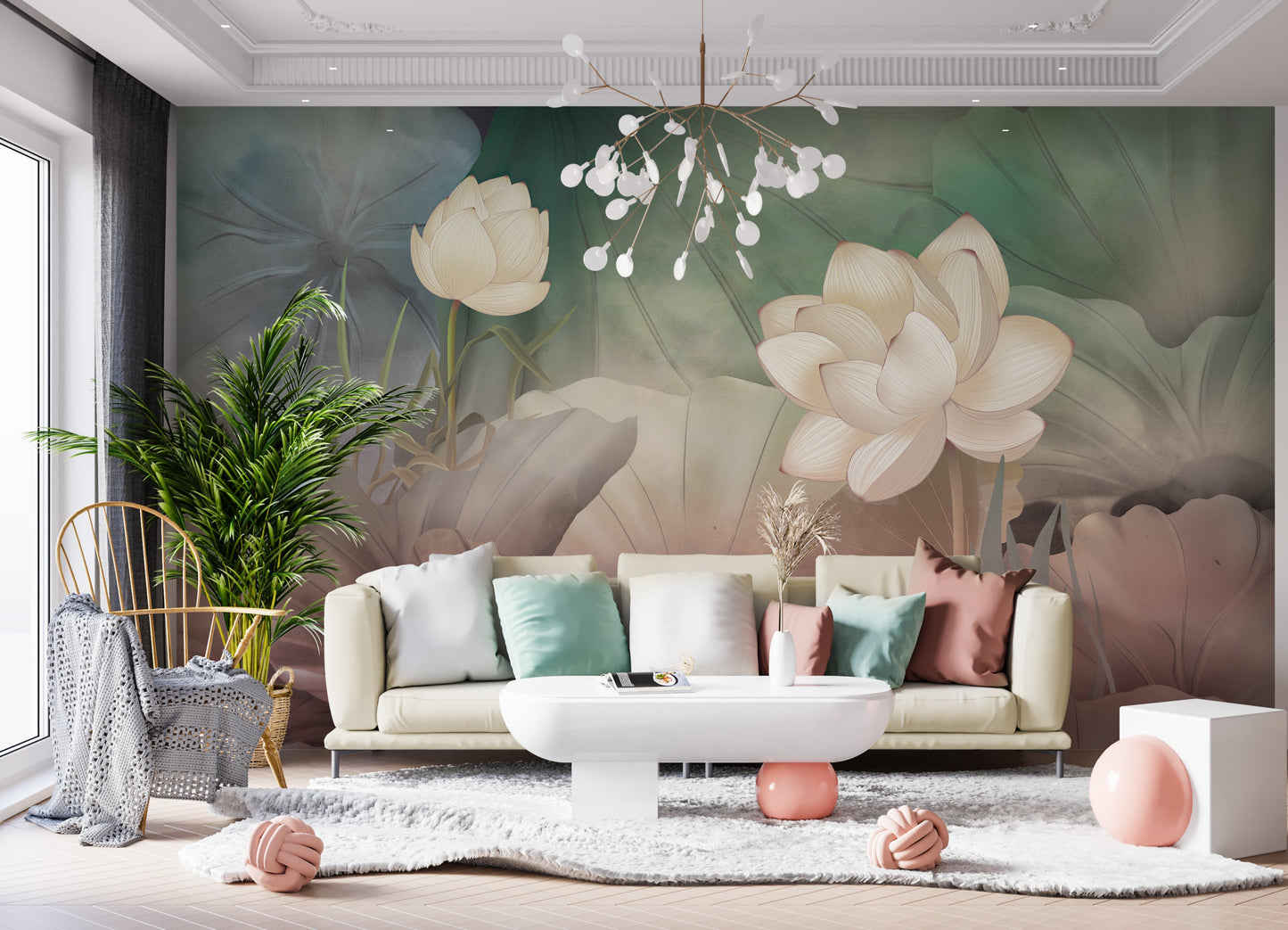 Pastel coral tranquility mural wallpaper botanical wall design in modern living room.
