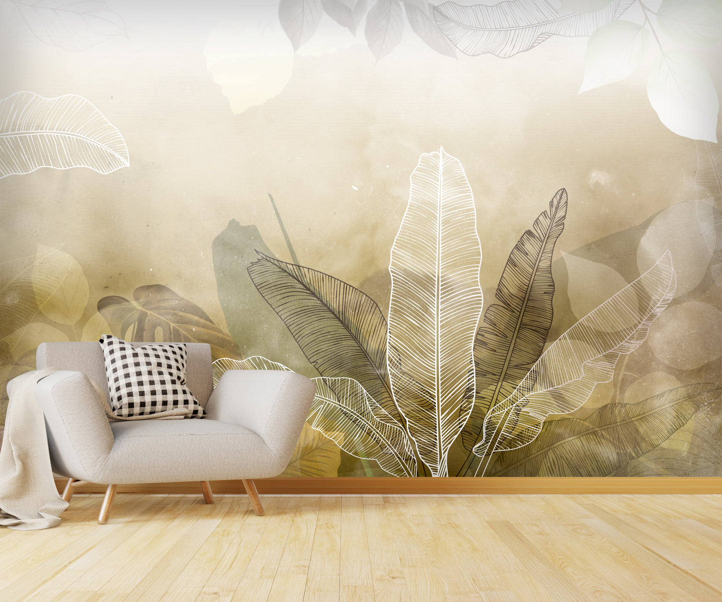 An architectural perspective of a minimalist office lounge featuring the Tropical Abstract Mural in Sisal as a full-scale feature wall. The mural’s warm, natural tones pair strikingly with vertical wood paneling and sleek mid-century furniture, creating a peaceful and cultured interior sanctuary.