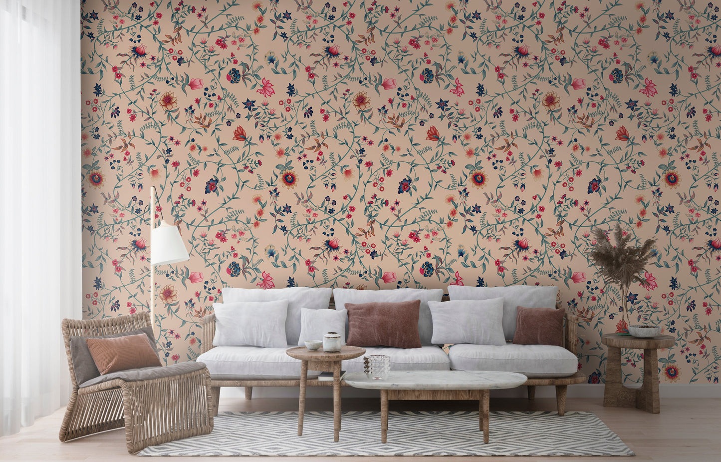 Blossom coral floral vine mural wallpaper decorative botanical wall design in modern dining room.