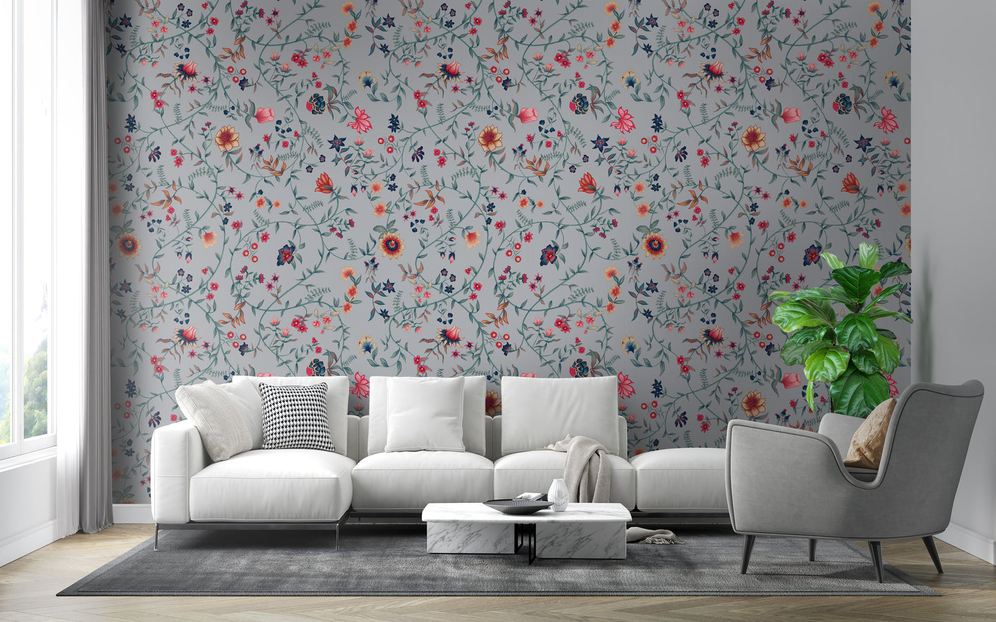 Lava grey floral vine mural wallpaper decorative botanical wall design in modern dining room.