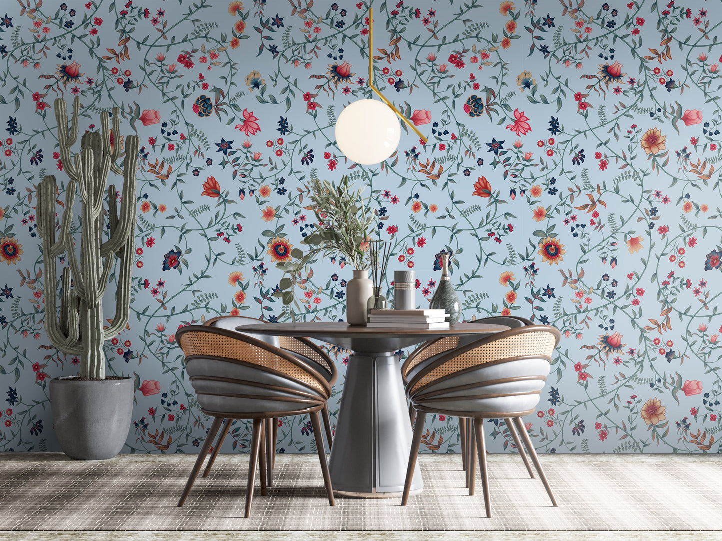 Blue floral vine mural wallpaper sophisticated accent wall in stylish bedroom.