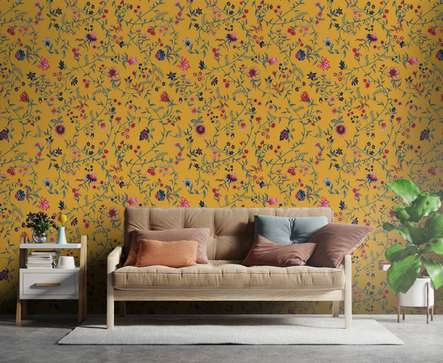 Tangerine yellow floral vine mural wallpaper botanical wall design in modern living room.
