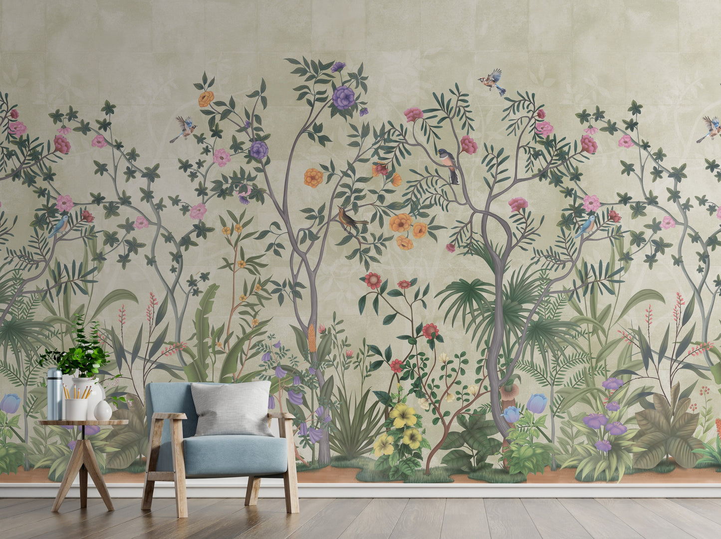 Silver sage Vaatika II floral mural wallpaper decorative botanical wall design in modern dining room.