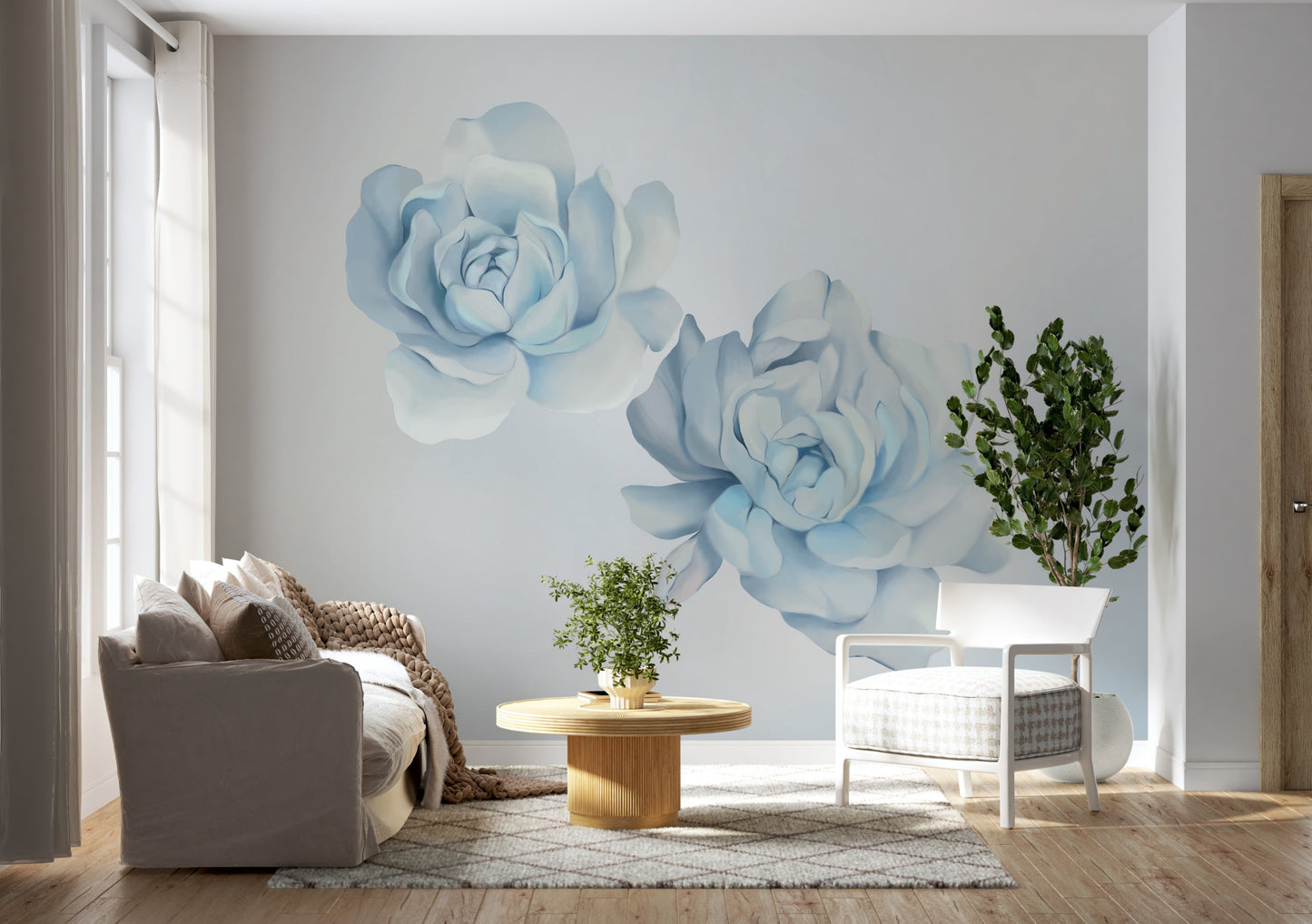 Satin blue beautiful peonies mural wallpaper floral wall design in modern living room.