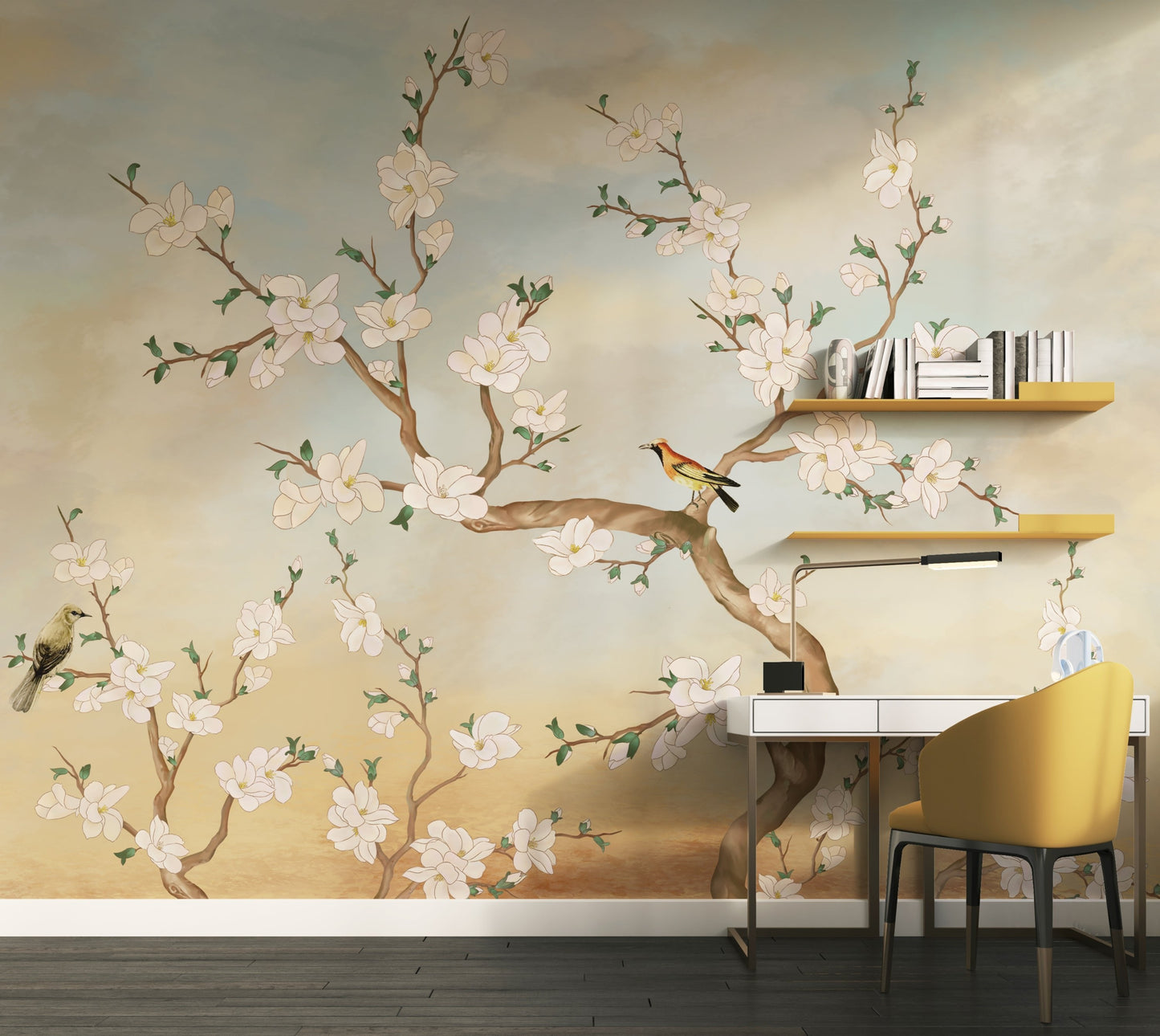Almond beige tree of blossoms mural wallpaper elegant floral wall design in modern living room.