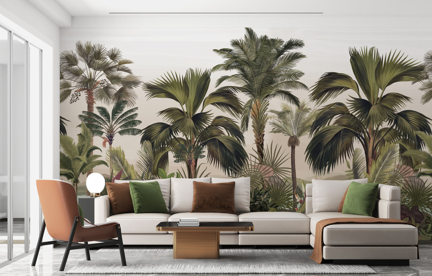 An architectural perspective of a contemporary foyer featuring the Exotic Palm Retreat Mural in Noble Cream as a full-scale feature wall. The mural’s expansive botanical vista pairs elegantly with a floating dark wood console and organic ceramic vases, creating a peaceful and cultured interior sanctuary.