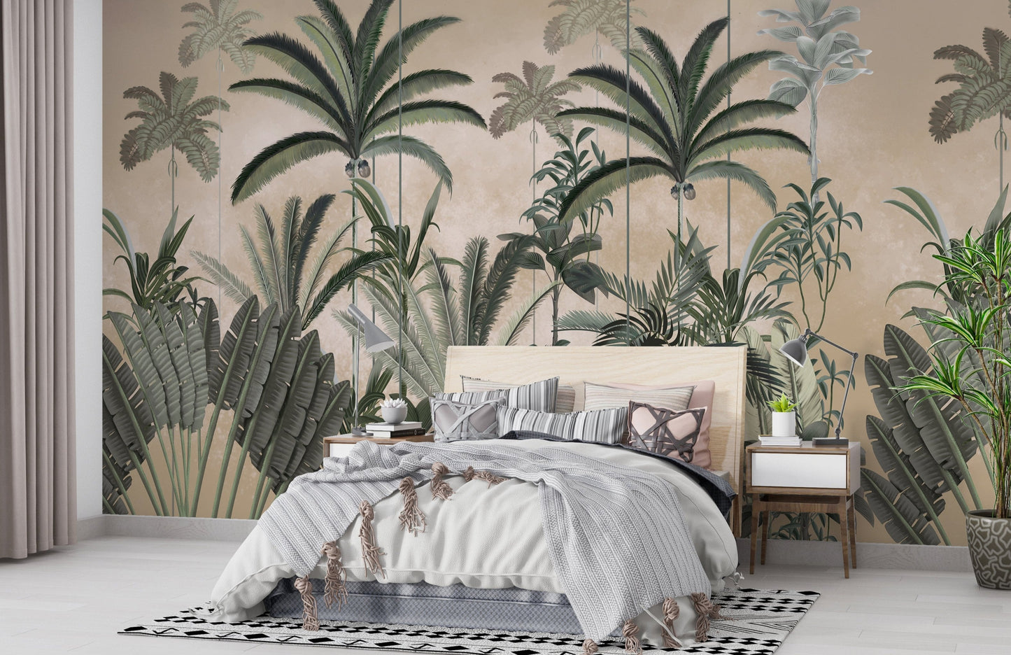 An architectural perspective of a contemporary lounge featuring the Palm Haven Mural in Beige Ochre as a full-scale feature wall. The mural’s expansive palm vista pairs elegantly with natural oak furniture and woven textures, creating a peaceful and cultured interior sanctuary.