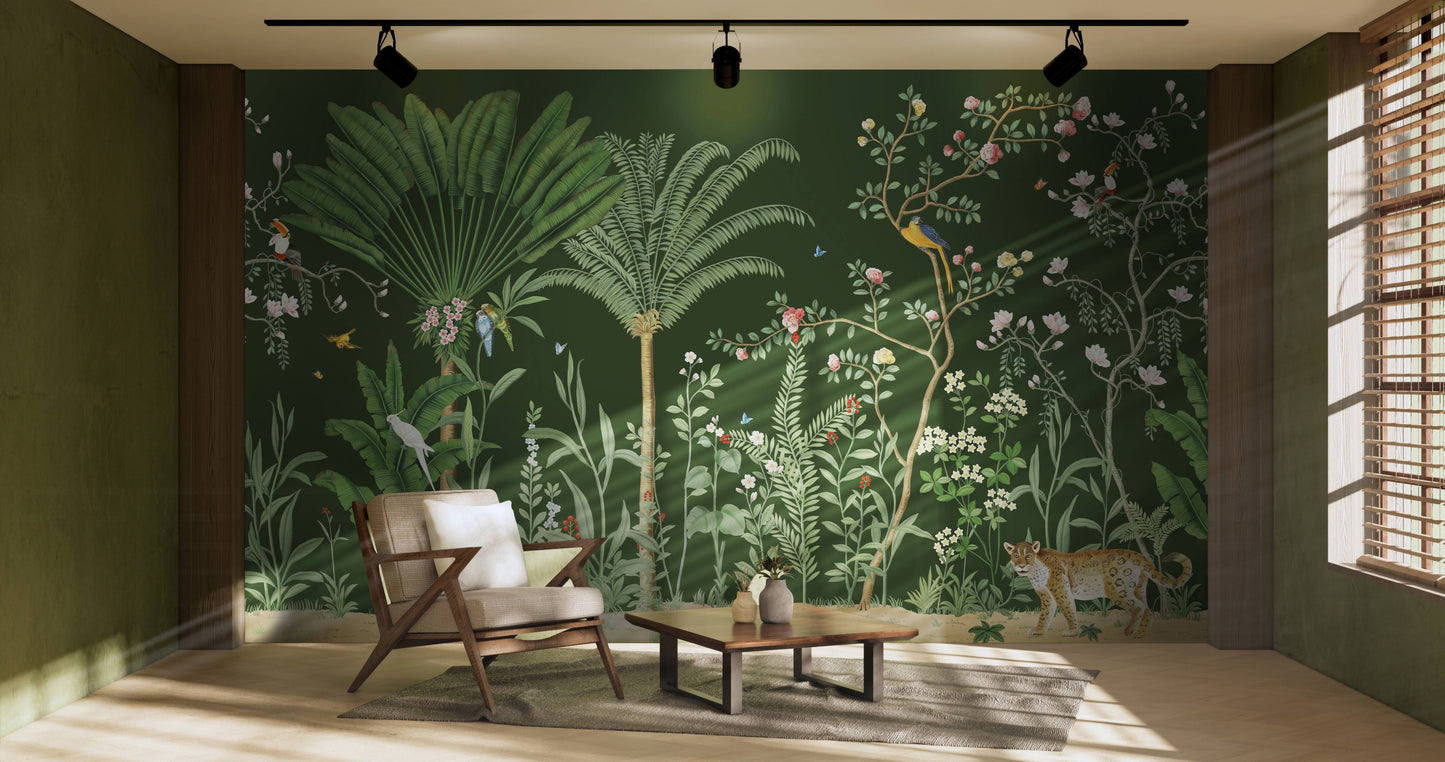 An architectural perspective of a grand dining room featuring the Tropical Jungle Haven Mural in Woodland Green as a full-scale feature wall. The mural’s detailed wildlife narrative pairs elegantly with dark mahogany furniture and brass accents, creating a regal and cultured interior sanctuary.