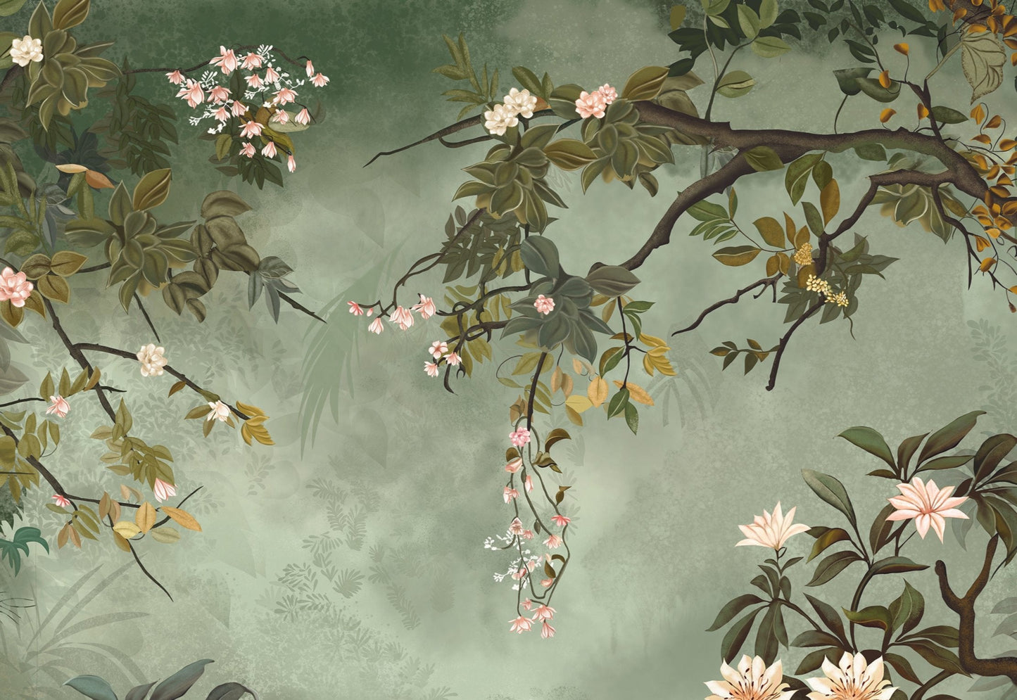 Viridian green blooming branches mural wallpaper decorative botanical wall design in modern dining room.