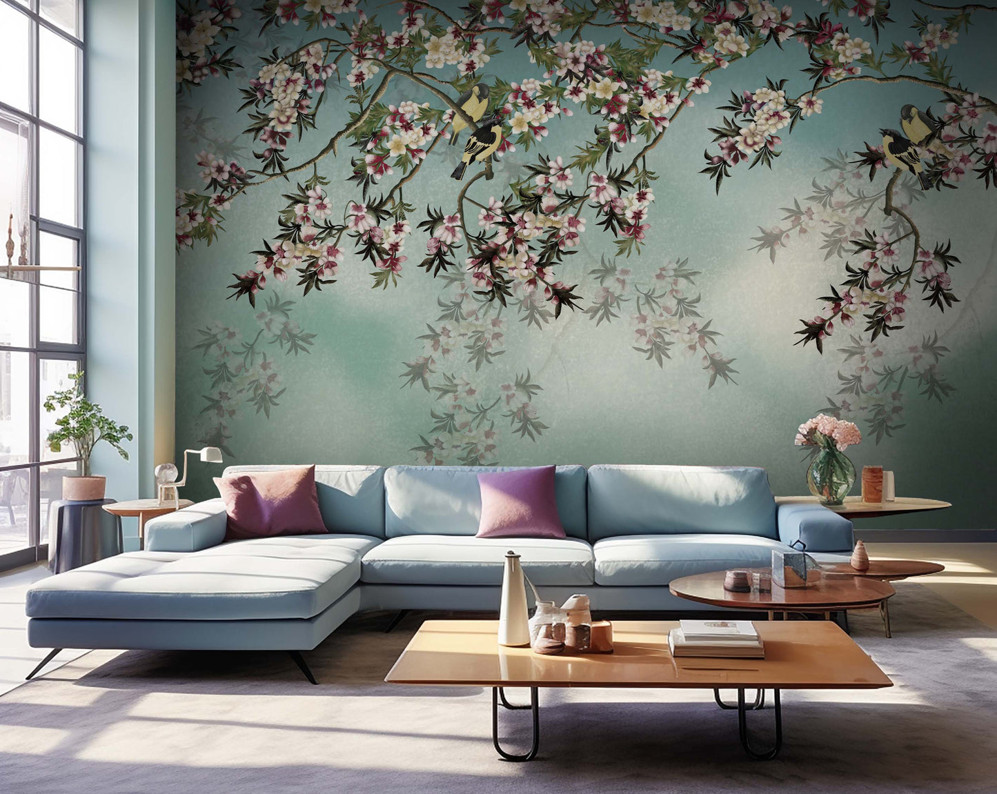 Seafoam teal whispers of spring mural wallpaper decorative botanical wall design in modern dining room.