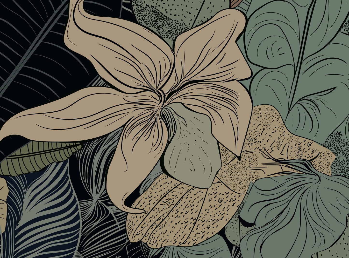 Olive floral mural wallpaper with artistic botanical pattern in contemporary bedroom.