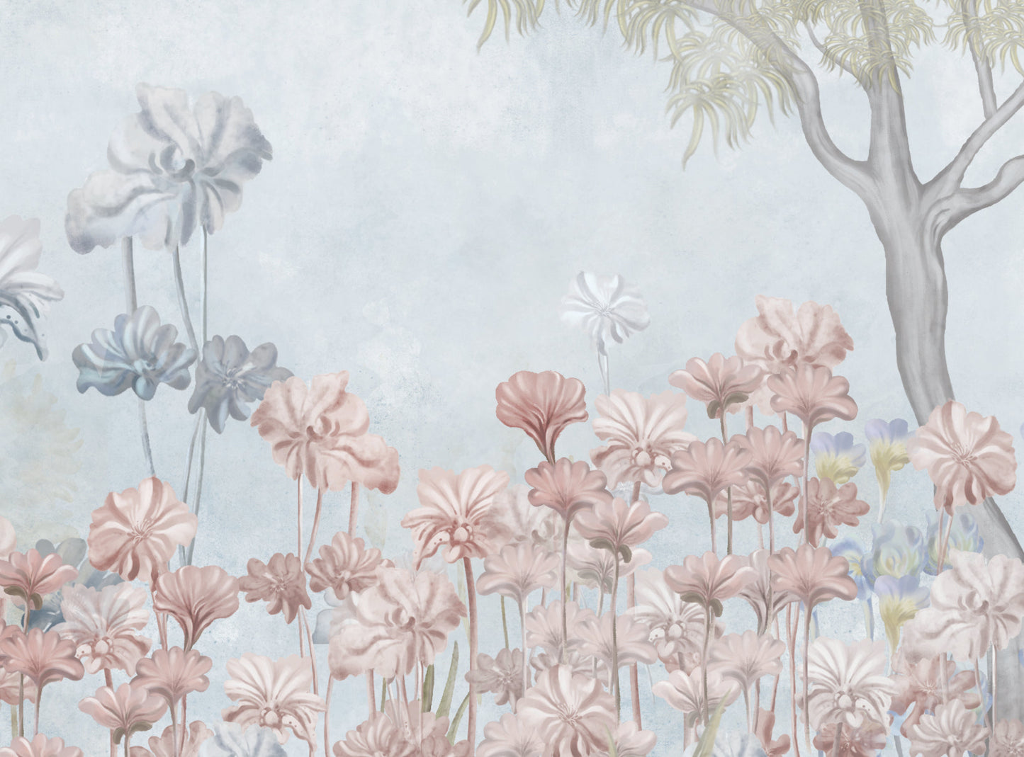 Morning fog silent dawn floral mural wallpaper elegant botanical wall design in modern living room.