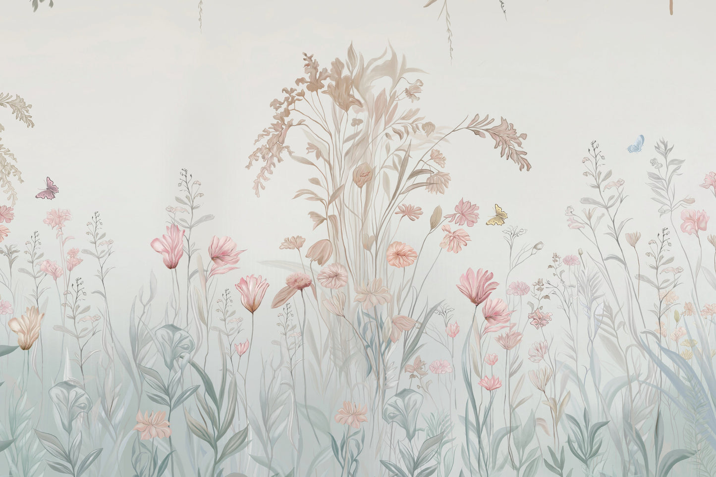 Ivory dreamy flora floral mural wallpaper elegant botanical wall design in modern living room.