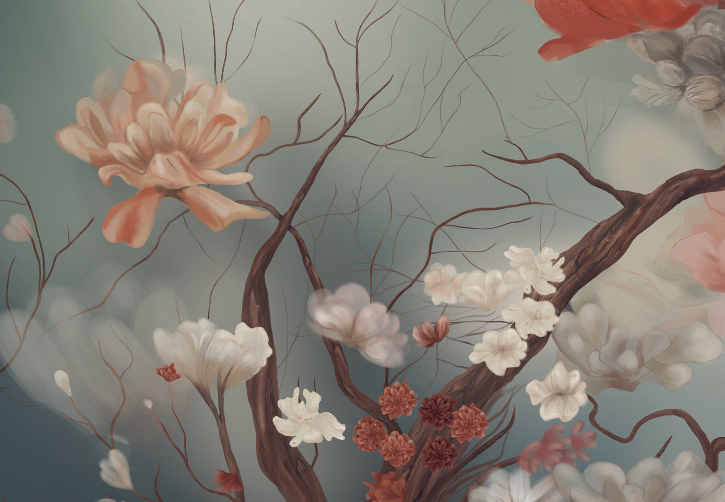 Teal floral fantasy mural wallpaper elegant botanical wall design in modern living room.