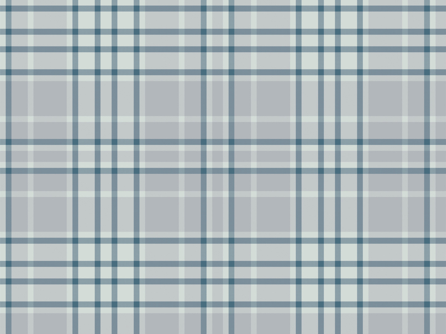 A modern living room features a textured plaid wallpaper in soft lavender grey tones.
The fabric-look pattern displays an intricate grid with intersecting blue-grey and white lines.
In front, a comfortable light blue wingback chair with a matching pillow sits to the right.
The cozy interior space is completed by a low wooden console table holding books and decor.