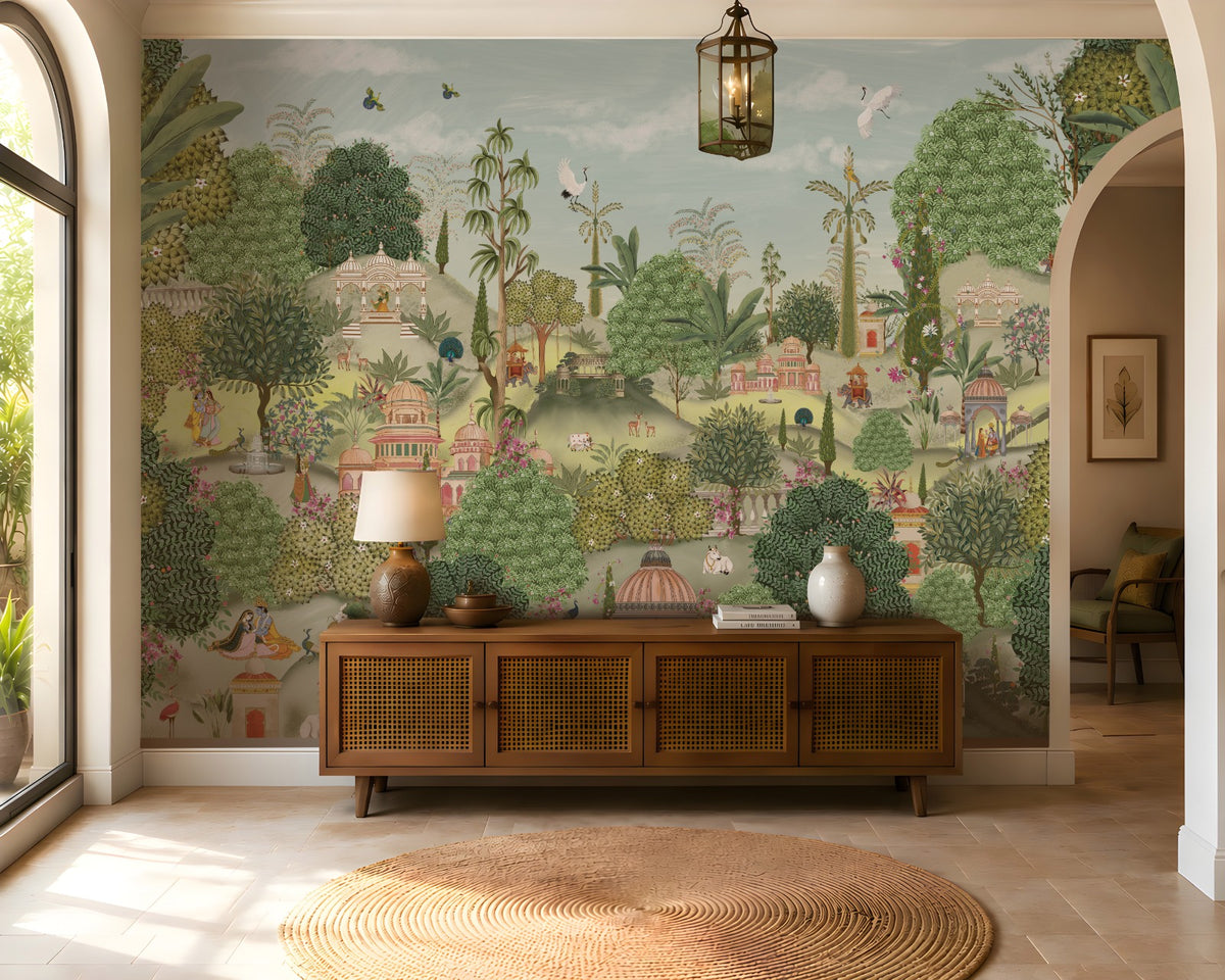 Aangan Bagh Mural – Muted Olive featuring a serene Indian heritage garden with lush greenery, ornate pavilions, birds, and intricate botanical details in muted olive and earthy tones.