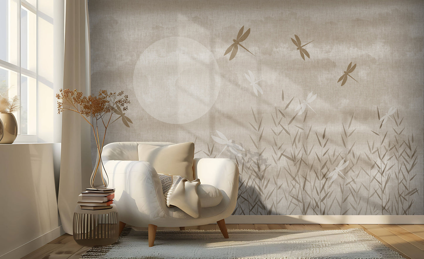 Cream white artistic botanical mural wallpaper installed as a feature wall in living room, dining room, and bedroom interiors with abstract garden design.