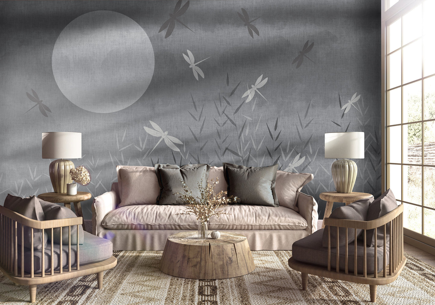 Gentle gray artistic botanical mural wallpaper installed as a feature wall in living room, dining room, and bedroom interiors with abstract garden design.
