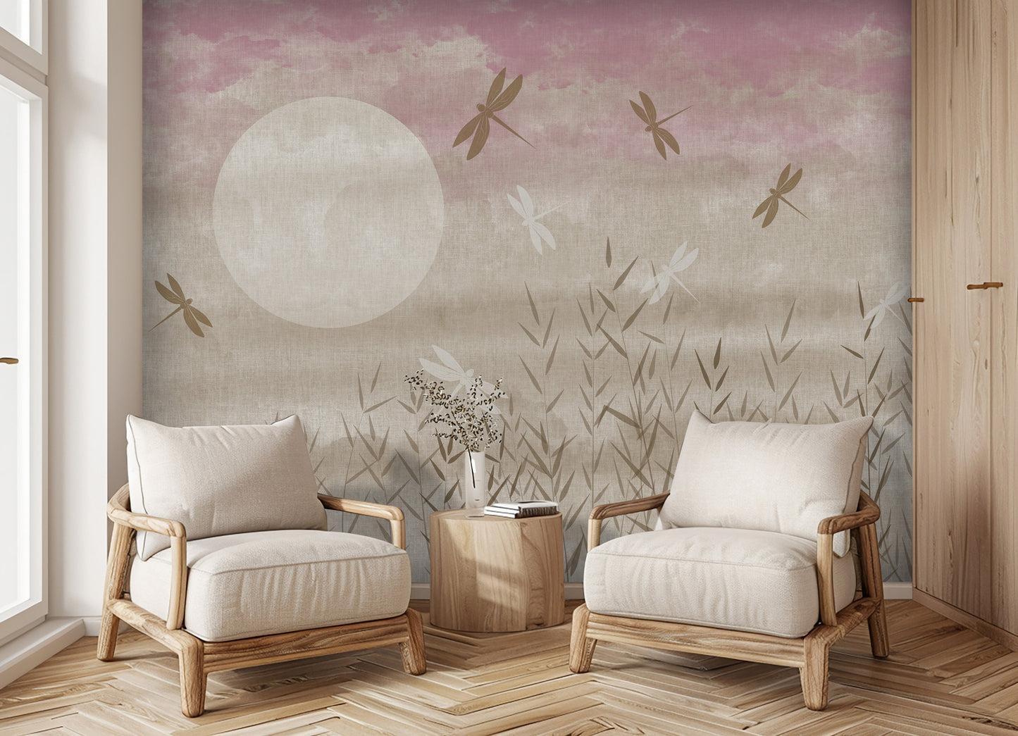 An architectural perspective of a contemporary lounge featuring the Abstract Garden Mural as a full-scale feature wall. The mural’s soft pink and tan hues pair elegantly with light gray upholstery, gold-toned furniture, and natural wood accents, creating a serene and sophisticated interior sanctuary.