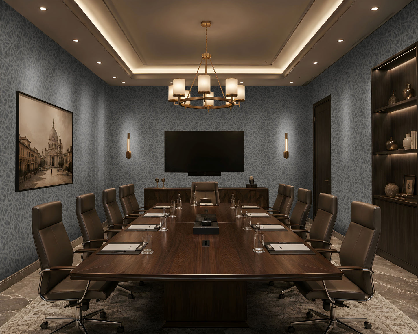Slate blue seamless texture wallpaper featuring an elegant organic abstract pattern with a refined woven appearance. This premium decorative wall covering is ideal for modern living rooms, bedrooms, offices, conference rooms, hotels, restaurants, and commercial interiors, adding depth, texture, and timeless sophistication while creating a luxurious contemporary ambiance.