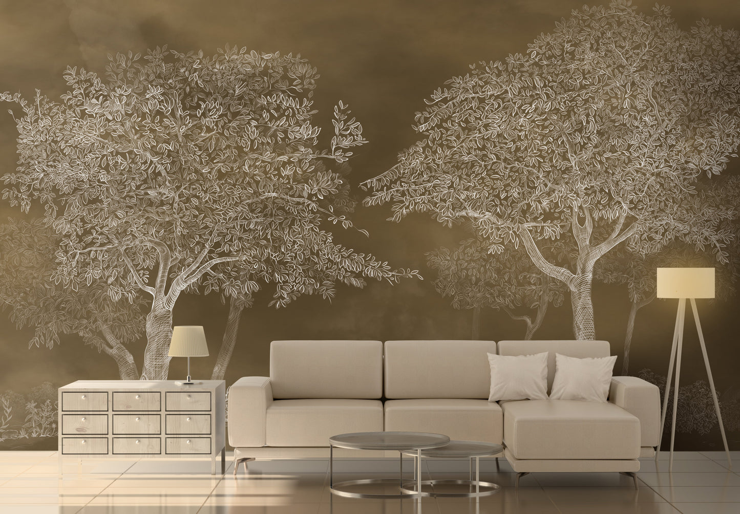 An architectural perspective of a sophisticated study featuring the Aranyam Mural in Hazel Brown as a full-scale feature wall. The mural’s earthy, illustrative vista pairs elegantly with natural oak furniture and brass accents, creating a warm and cultured interior sanctuary.