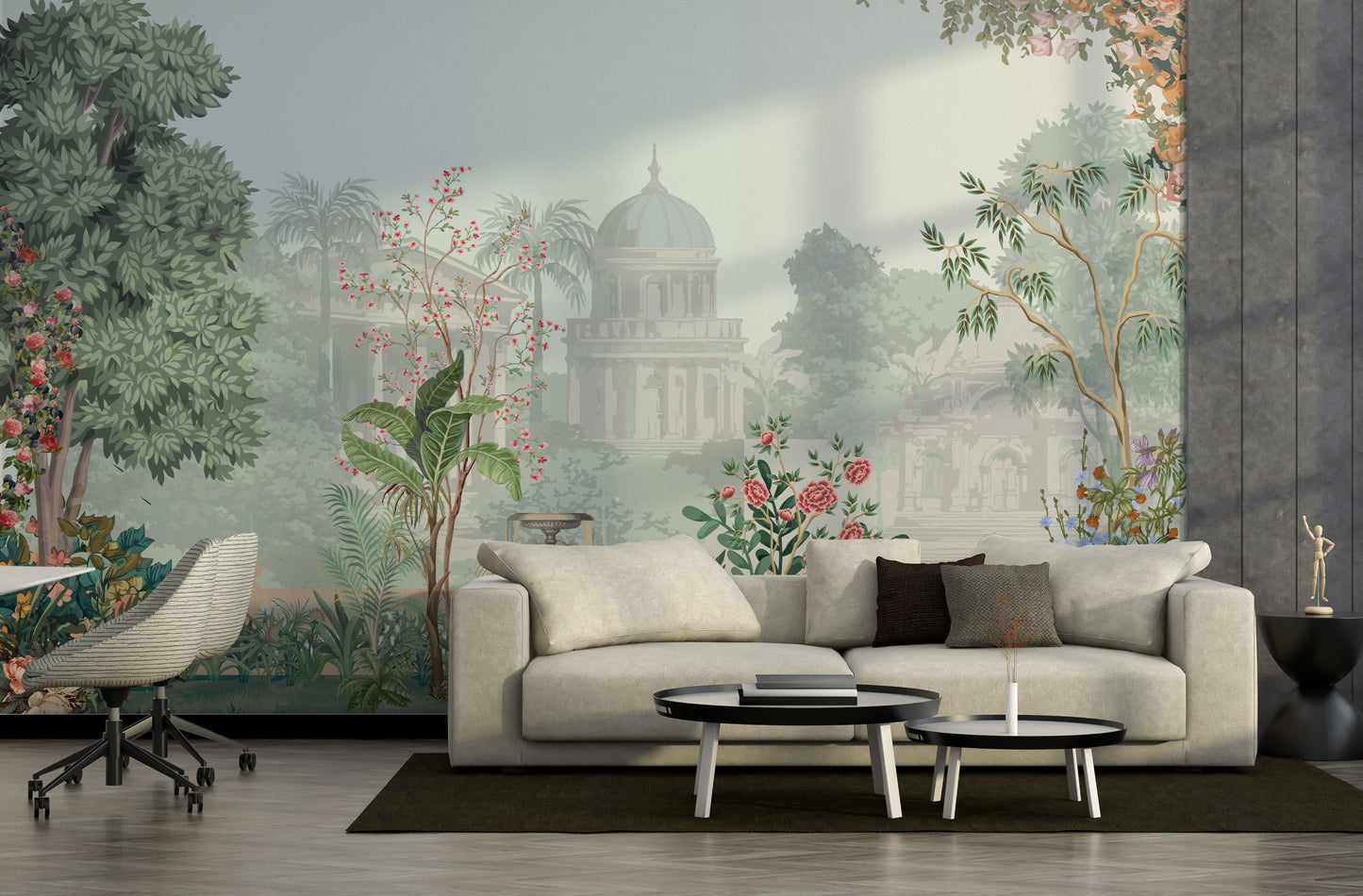 Blue floral mural wallpaper installed as a feature wall in living room, dining room, and bedroom interiors with botanical garden-inspired design.