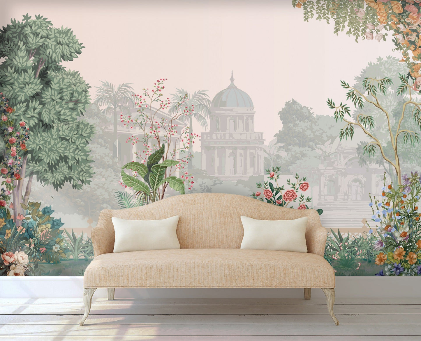 Peach floral mural wallpaper installed as a feature wall in living room, dining room, and bedroom interiors with botanical garden-inspired design.