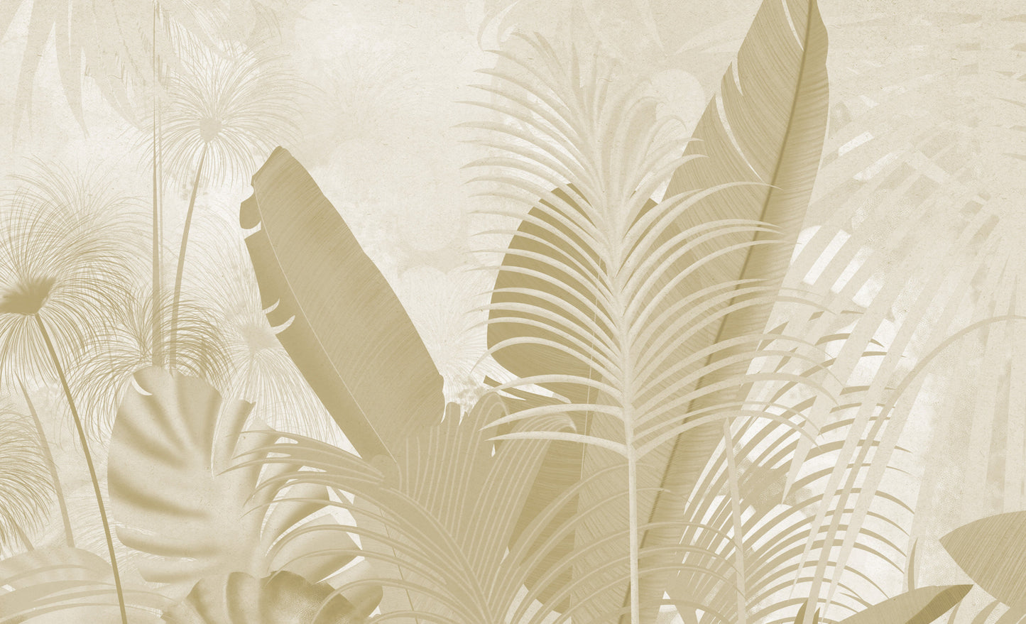 An architectural perspective of a contemporary living room featuring the Banana Grove Mural in Muted Gold as a full-scale feature wall behind a low-profile cream sofa. The mural’s warm botanical composition pairs elegantly with natural oak flooring and sun-drenched interiors, creating a peaceful and immersive golden-hour retreat.