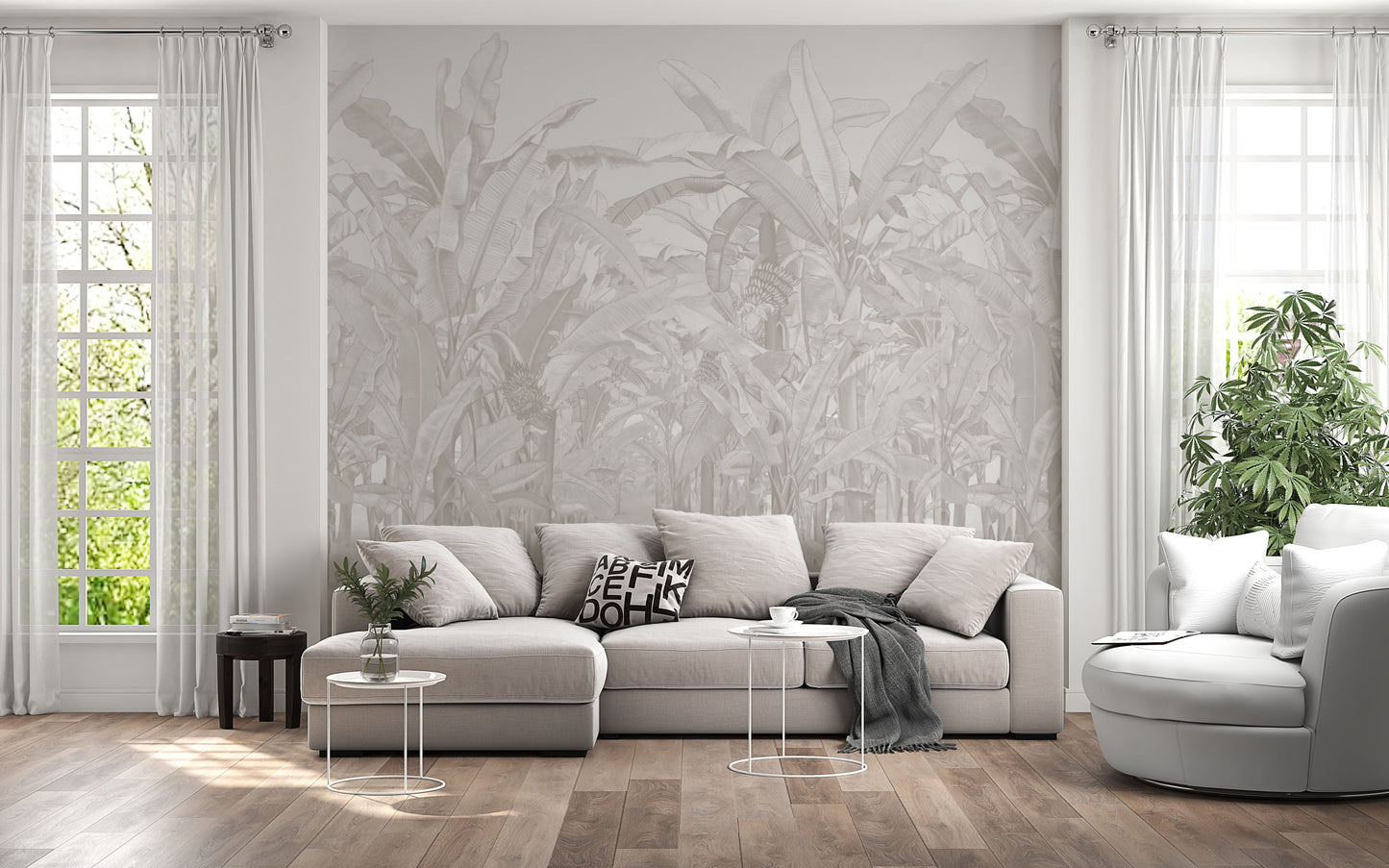 An architectural perspective of a luxury interior featuring the Banana Grove Dreams Mural in Soft Ash as a full-scale feature wall. The mural’s perspective-driven design creates an "infinite path" effect, pairing seamlessly with minimalist furniture, metallic accents, and cool-toned textiles.