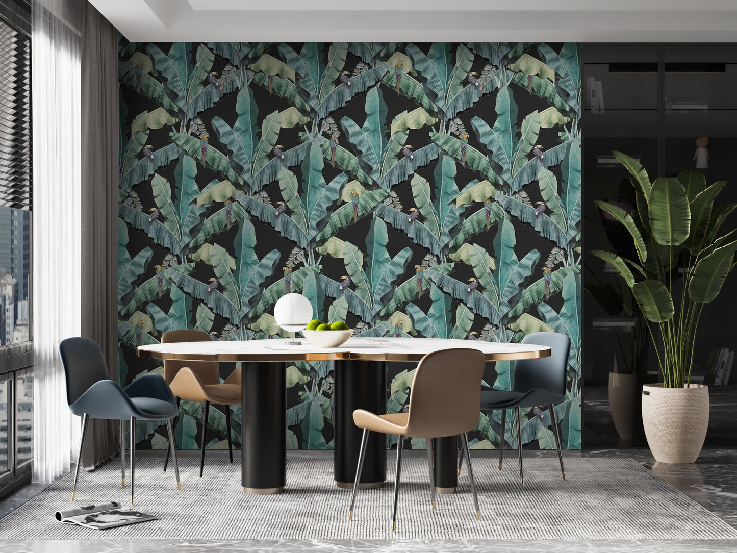 An architectural perspective of a contemporary lounge featuring the Banana Leaves Pattern as a full-scale feature wall. The wallpaper’s deep emerald and shadowy tones pair strikingly with a tan leather sectional, gold-toned lighting, and minimalist decor, creating a sophisticated and high-energy tropical atmosphere.