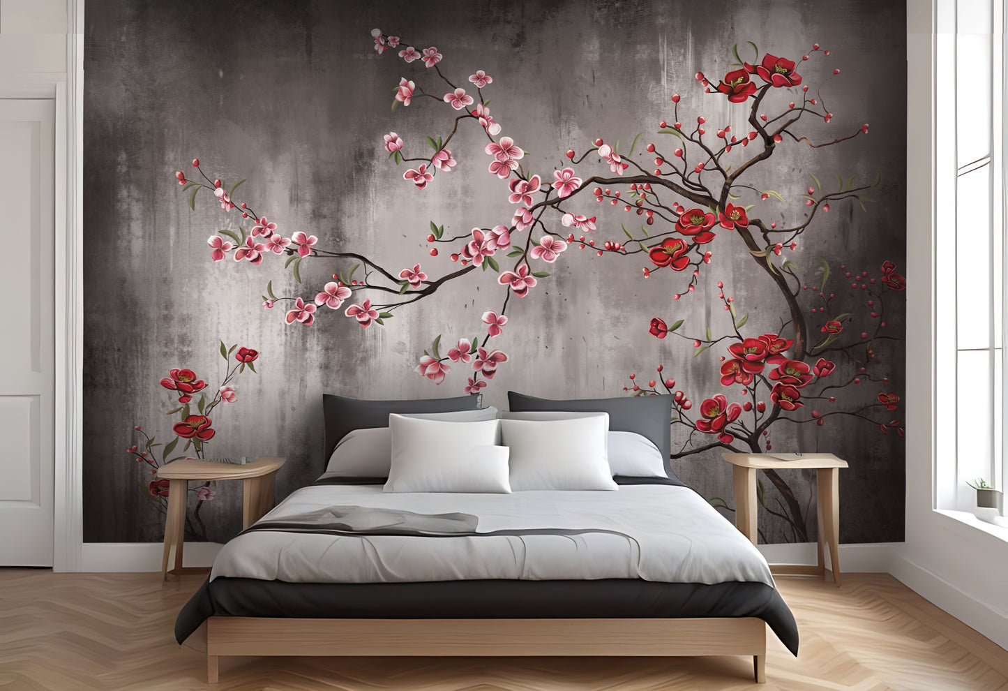 Stone grey botanical floral mural wallpaper sophisticated accent wall in stylish bedroom.